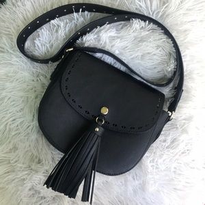 Black Faux Leather Fringe Bag with Gold Studs